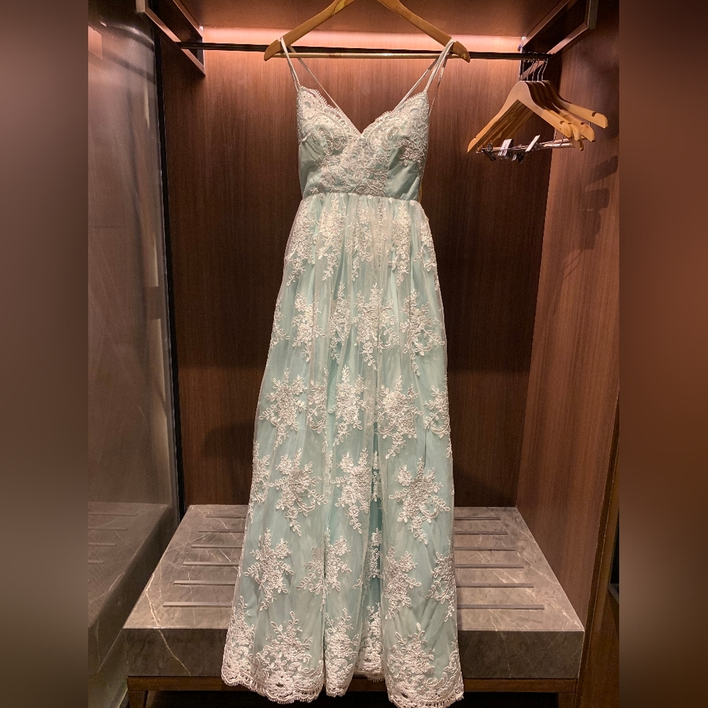 Teal & White Embroidered Mesh Prom Gown NWT